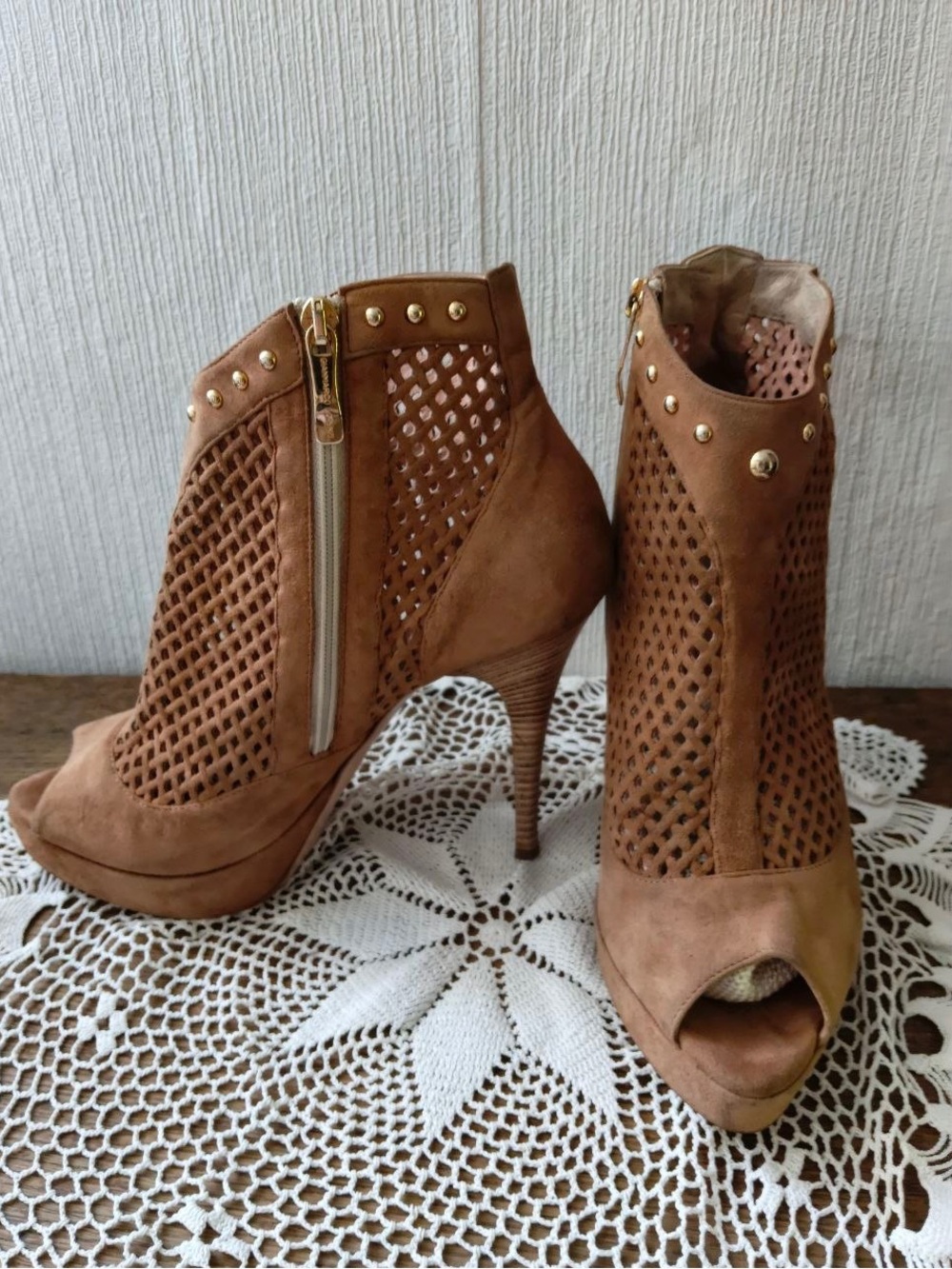 Gianmarco Lorenzi Tan Suede summer Cutout High Heel Booties
